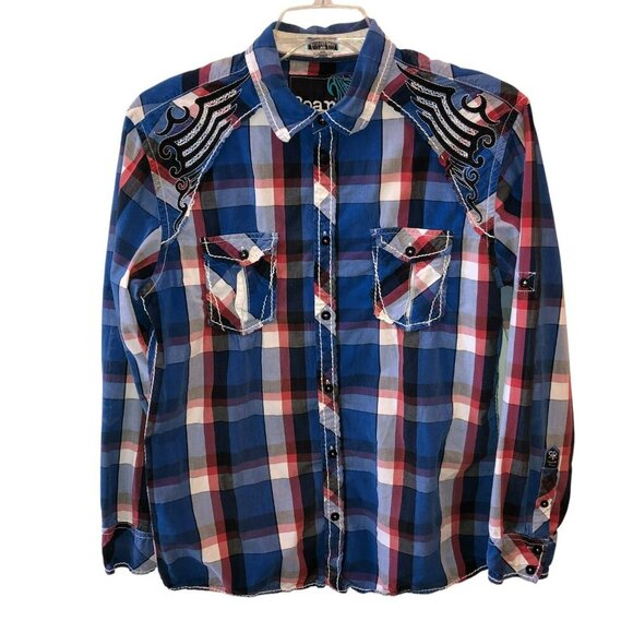 Roar Signature Mens Size XL Blue Plaid Ace Long Roll Tab Sleeve Button Up Shirt - Picture 11 of 13